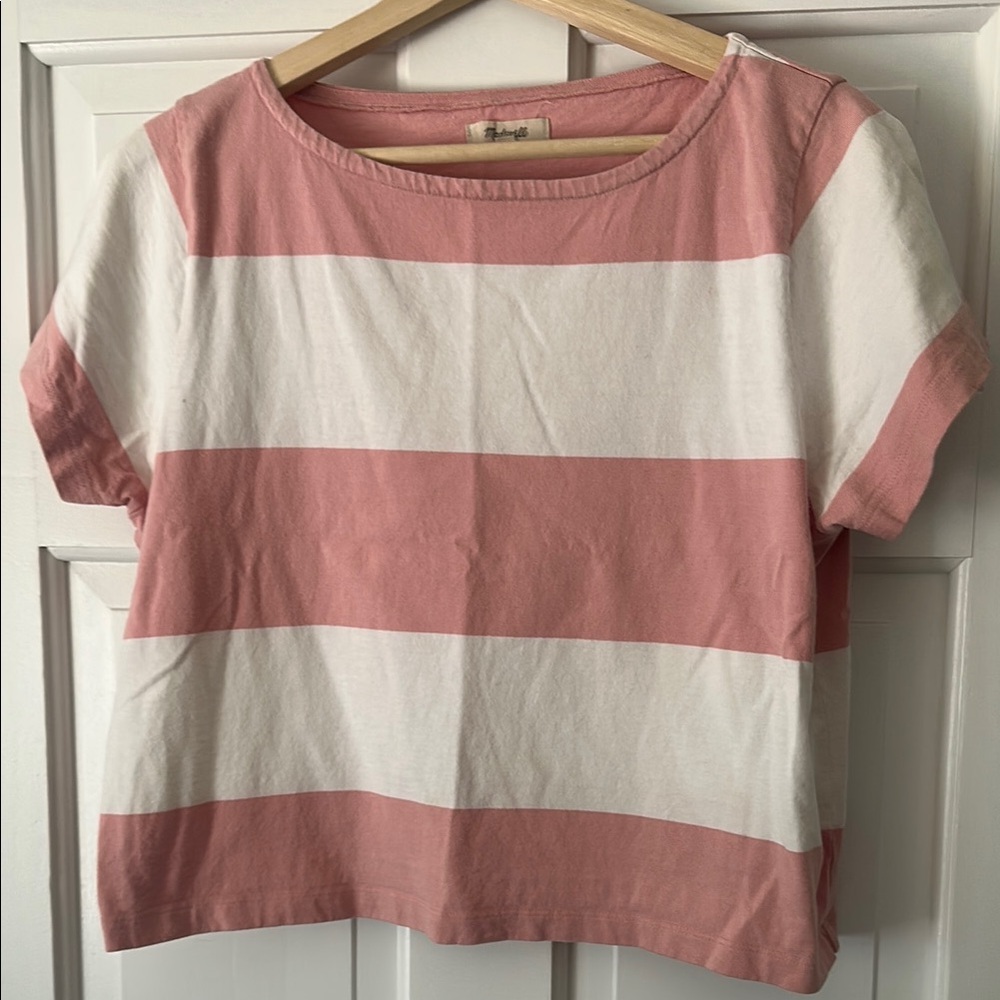 Madewell Pink and White Striped Crop T-Shirt